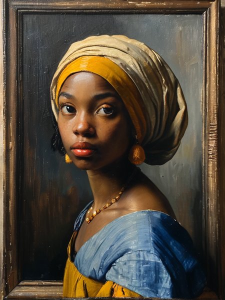 masterpiece,best quality,<lora:tbh122-sdxl:0.9>,portrait of man,oil painting,style of Jan Vermeer,black girl,