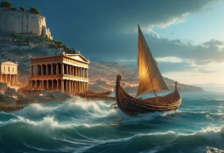 Masterpiece, high res, best quality, 
In the foreground, close-up: a small ancient Greek trireme with one mast sails towards an ancient Greek city with a harbor on its shore visible in the background. Low hills covered with cypresses rise behind the city. The sea is rest. Night is falling, the wind is getting stronger
Soft colors, light veil of mystery