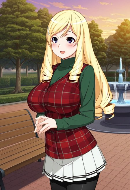 score_9,score_8_up,score_7_up,source_anime,5_figner,2d_animation,game cg,BREAK,1girl,solo,
Kujou Ruri,
blond hair,drill hair,long hair,parted to side,Ringlet,large breast,
green turtleneck,plaid,black pantyhose,white skirt,pleated skirt,plaid red vest,
cowboy shot,smile,blush,openmouth,
park,cloud,fountain,tree
outdoor,park,bench,light,morning,
masterpiece,best qualit,ultra-detailed,illustration,an extremely delicate and beautiful,beautiful detailed eyes,unity 8k wallpaper,high resolution,anime CG,official_art,