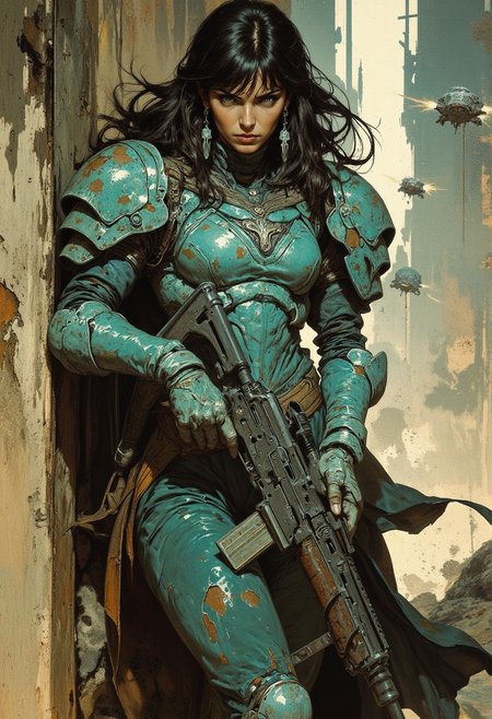 a female space pirate. long messy hair, bangs, sidelocks, battered teal power armour, holding an assault rifle, sheltering behind a wall during a battle in a ruined, dusty city, perfect hands