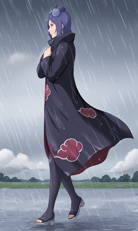 from side, hands on own chest, walking, 
k0nan, 1girl, solo,orange eyes, purple eyeshadow, lip piercing,
single hair bun, short hair, hair flower,cloak, 
long sleeves, high collar, cloud print, black pantyhose, sandals, 
rain, wind, clouds, wet,
 <lora:Naruto_Konan_PXL-000012:1>