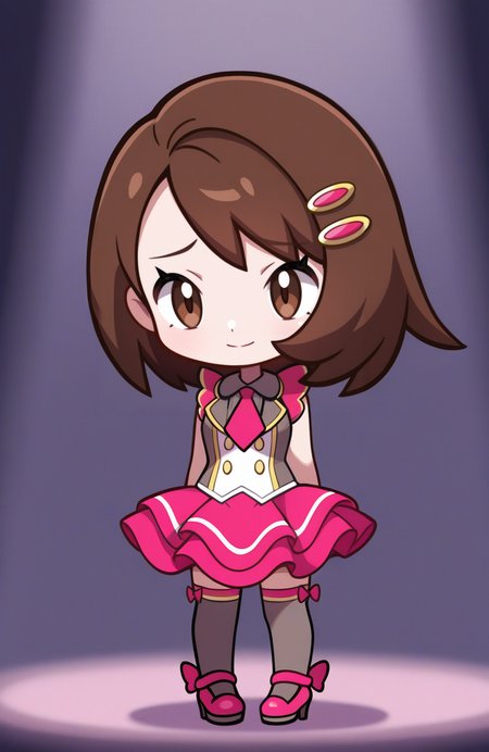 1girl, solo, 
gloria \(pokemon\), brown eyes, brown hair, medium hair, idol outfit, double-breasted top, flared skirt, thighhighs, heels, rose hair clip,
standing, head slightly bowed, soft smile, sad, soft lighting, <lora:ShantaeChibi:1> shntchibi, chibi, extremely detailed, highres, masterpiece, best quality