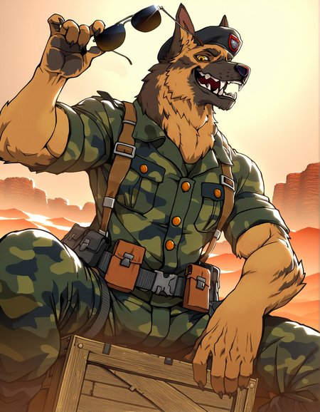 masterpiece, best quality,german shepherd, solo, anthro, mature male, looking down at viewer, holding sunglasses, military uniform, utility belt, short sleeves, camo, beret, open smile, fangs,  desert, crate, pose, muscular, perspective, detailed background, yellow eyes, sitting on crate, ((low-angle view)), backlighting, smug expression, smile,
<lora:HaroldAndWilly_noob-1.11:1>