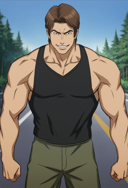1boy, miki_kiseijuu,  brown hair, black eyes. black tanktop, score_8_up, score_7_up, score_6_up, score_9, a muscular man at forest, , sunny, sky, standing, (manly),face_focus, mddle-age man, muscular,stocky body,,looking at viewer, detailed eyes, 8k uhd, high quality, standing, punch, open arms, evil_grin,