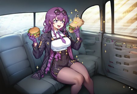 PonyXLV6_Scores BREAK source_anime, fake taxi, car interior, sitting, ground vehicle, BREAK DskKfka2024, 1girl, black jacket, black shorts, collared shirt, gloves, jacket, long hair, long sleeves, necktie, open clothes, pantyhose, purple gloves, purple hair, shirt, shorts, solo, eyewear on head, white shirt, holding, burger, eating burger, happy, sparkle, open mouth, mcdonald's, paper bag, <lora:Kafka_-_The_Ai_Generated_Edition_Honkai_Star_Rail_PonyXL:0.7>, <lora:FakeTaxiMeme_XLPD:1>