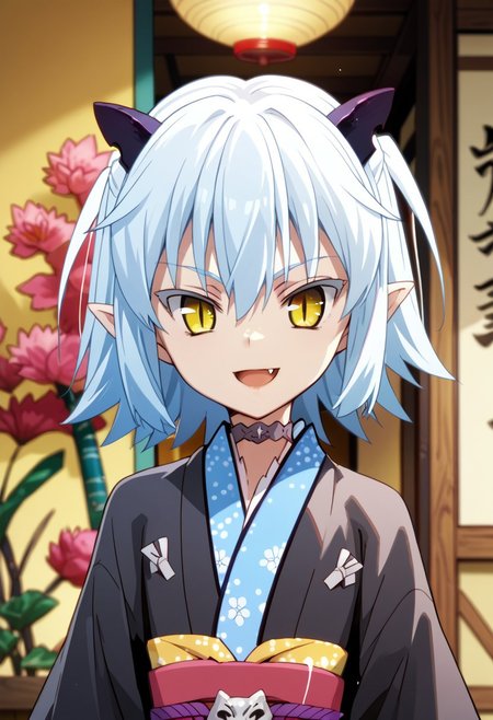 score_9,score_8_up,score_7_up,source_anime, Shiroyasha,1girl,solo,looking at viewer,smile,open mouth,animal ears,upper body,horns,japanese clothes,choker,fang,kimono,slit pupils,
