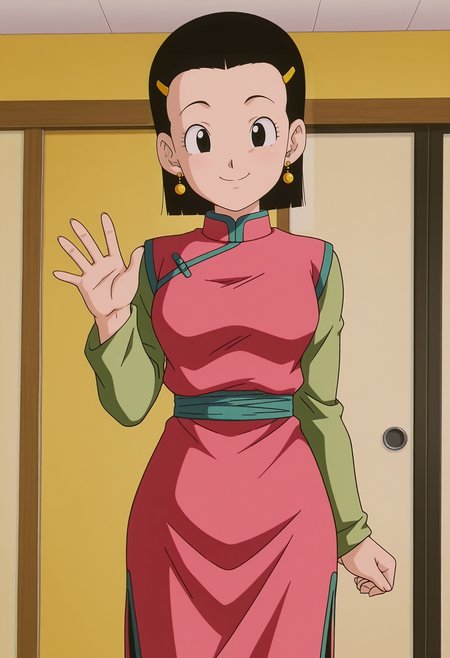 1girl,solo,mm,mature female,black hair,short hair,black eyes,hair ornament,hairclip,earrings,anime coloring,
chinese clothes,long sleeves,waving, looking at viewer, cowboy shot, smile,indoors
,masterpiece,best quality,amazing quality,<lora:Chi-Chi-Dragon_Ball_GT_IL:0.85>