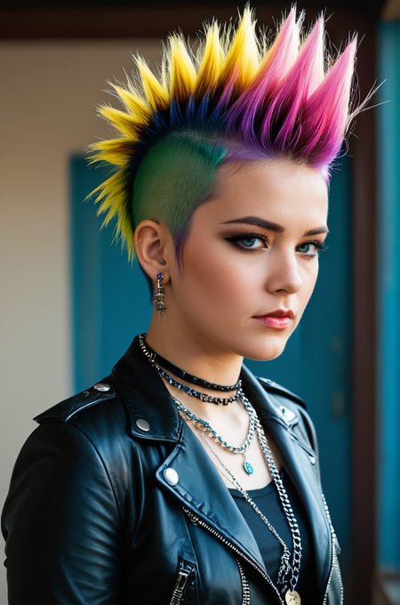 breathtaking punk outfit, colored Mohawk hair, chain necklace, atmospheric, cinematic, high detail, masterpiece  <lora:S4ndr4_mm4:0.8> S4ndr4 . award-winning, professional, highly detailed
