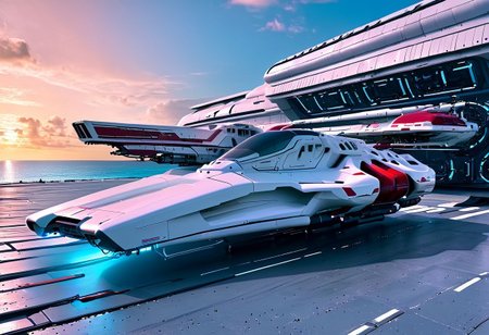 photograph, a clean hangar, door open, tropical island, ocean, beach, (smooth, sleek, neotech white and red (WipEout anti-gravity craft), (split-front:1.3), parked in a hangar):2, blue sky, sunset, sharp, high detailed, realistic, scifi, futuristic, science fiction, sharp focus, masterpiece, best quality