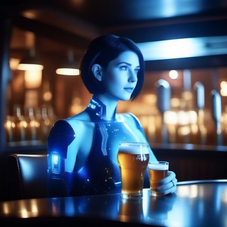 cinematic photo 1girl, short hair, blue skin, science fiction, transparent hologram, having a beer in a pub  <lora:Cortana1024:0.8> . 35mm photograph, film, bokeh, professional, 4k, highly detailed
