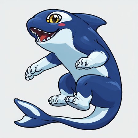 Orcane, orca, rivals of aether, water creature, yellow eyes, fin, watery, liquidize, bluish and white color body, cute look, yistyle, watercolor, painting, no blur, vector art, male, feral, solo, looking at viewer, sitting, cute pose, kind, close mouth.