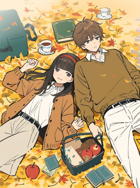masterpiece, best quality, <lora:style41-xl-a3.1:1>lying, shirt, white shirt, on back, leaf, 1girl, 1boy, pants, book, food, long hair, jacket, cup, black hair, belt, long sleeves, hairband, bangs, apple, collared shirt, brown hair, open book, white pants, autumn leaves, short hair, fruit, ginkgo leaf, red hairband, smile, cat, brown eyes, skirt, open mouth, plate, picnic, brown jacket, autumn, shirt tucked in, black belt, blunt bangs, sweater, outdoors, black eyes, basket, holding, parted lips