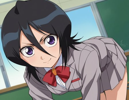 score_9, score_8_up, score_7_up, source_anime, 
rukiakuchiki, <lora:rukia-kuchiki-s1-ponyxl-lora-nochekaiser:1>, 
rukia kuchiki, black hair, hair between eyes, purple eyes, short hair,
skirt, bow, school uniform, jacket, blazer, grey jacket,
indoors, classroom, bent over, smile,
looking at viewer, cowboy shot, dutch angle,