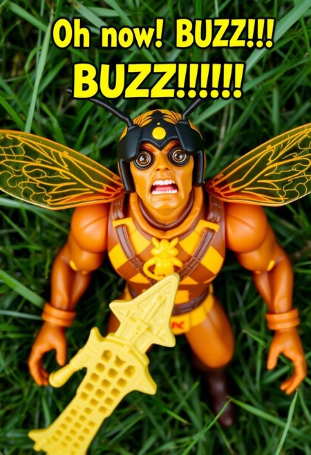 Caption in yellow "Oh no!  BUZZ!!!!" Surprise, fear, big compoind eyes, fly eyes, He-man action figure. Photograph of plastic toy.  Insect eyes, yellow insect wings, striped brown and yellow shirt.  Honeycomb sword.  view from above, dropped in the grass,