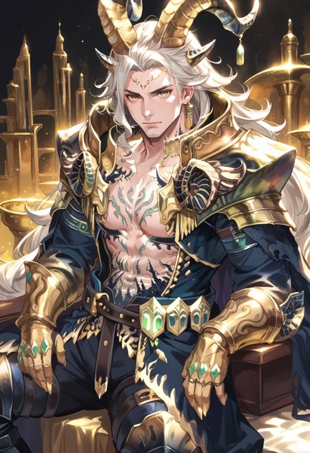 (score_9:0.9),score_8_up,score_7_up,rating_safe,anime style,(zPDXL),<lora:EX Kulve Taroth Alpha male ponyXL v1:0.73>,ex kulve taroth alpha armor,1boy,grey hair,solo,gold horns,very long hair,gold gauntlets,looking at viewer,gold theme,male focus,large pectorals,muscular male,black knee boots,gold pauldrons,mature male,sitting,
