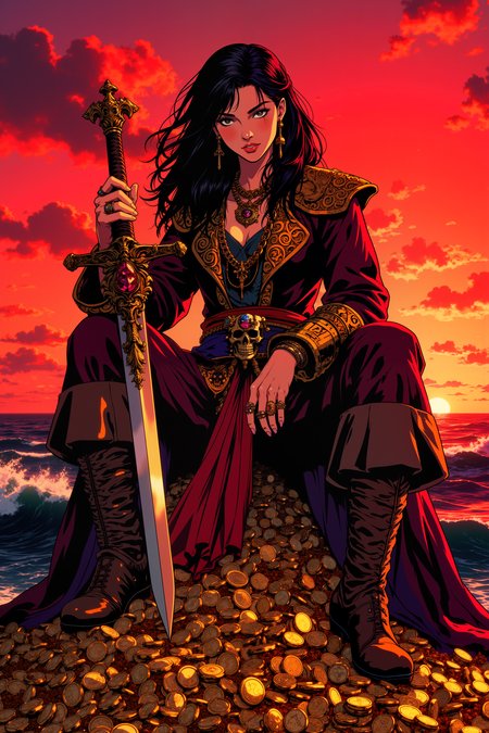 ne0nfant4sy, As the sun sets over the horizon, casting a blood-red glow across the sky, the female pirate captain sits atop a vast pile of gold and jewels, her dark maroon coat blending with the fiery sunset. The coat is richly embroidered with gold thread, the designs forming swirling waves and mythical sea creatures along the hem. Her belt, fastened with a large, ruby-encrusted buckle shaped like a skull, gleams in the fading light. At her side rests a cutlass with a hilt shaped like a serpent, the blade still gleaming from recent use. Around her neck, a thick gold chain supports a medallion shaped like a krakenâs tentacle, the gold catching the last rays of sunlight. Her fingers, adorned with rings featuring tiny ships, sea monsters, and intricate filigree, sift lazily through the coins and gems beneath her. A red sash is tied loosely at her waist, its fabric rippling in the evening breeze as the ocean waves crash softly against the shore in the distance, blending with the clinking sound of gold beneath her.<lora:RetroAnimeFluxV1:0.5><lora:NeonFantasyFLUX:0.3>