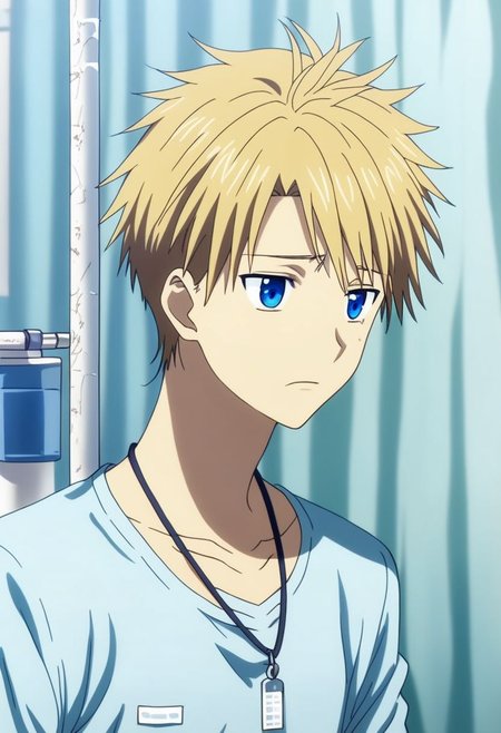 high resolution, solo, best quality, 1Boy, Yamato Ishida, Blond Hair, Blue Eyes, Necklace, sick, helpless, patient, hospital, infusion, OverallDetail