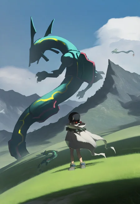 astero, scenery, pokemon \(creature\),
best quality, amazing quality, very aesthetic, absurdres, best quality, masterpiece, newest,
1girl, zinnia, standing, cloak, looking away, rayquaza,
solo, blue sky, field, grass, grassland, mountainous horizon, cloud, sky,   <lora:ZinniaIllustriousXL_byKonan:1> <lora:AsteroNoob_byKonan:1>