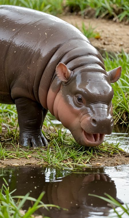 <lora:Pony_BTT_MOODENG_v01:1.2>moodeng,  (no human:1.2), animal, hippo, solo, grass on the ground, side view, in water, stream,reflection in water, (open mouth:1.4), face focus, 
<lora:LCMTurboMix_Euler_A_fix:1>
