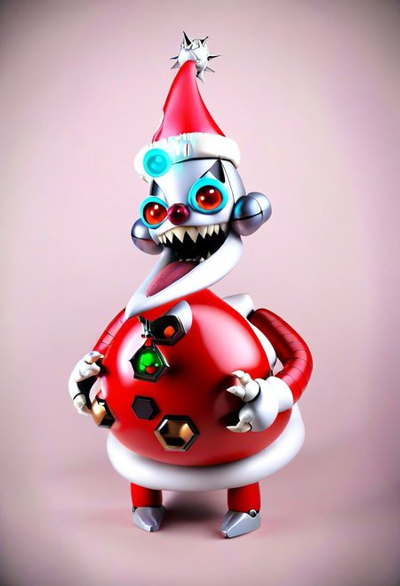 Cute (massive huge eyed), r0b0t_s4nta_c1aus,  kittens, (wearing Christmas hat), 4k, high detail, high quality, realistic, full body, robot cat,