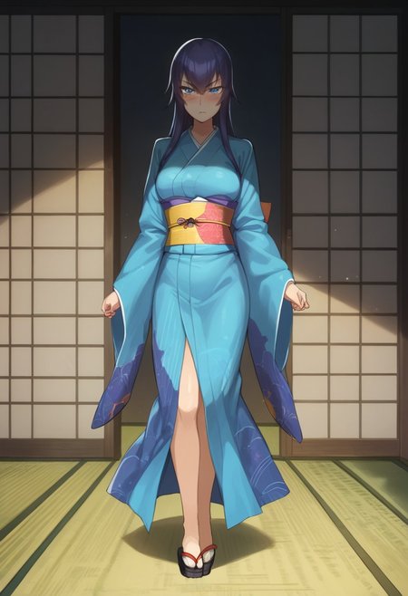 score_9, score_8_up, score_7_up,rating_explicit,1girl,solo, black bow tie, saeko_busujima, purple hair,  blue eyes, long hair, hair between eyes,breasts, japanese clothes, multicolored kimono,open kimono, legs, obi, sash, blue kimono, wide sleeves, fighter pose, serious eyes, blushing, full body shot