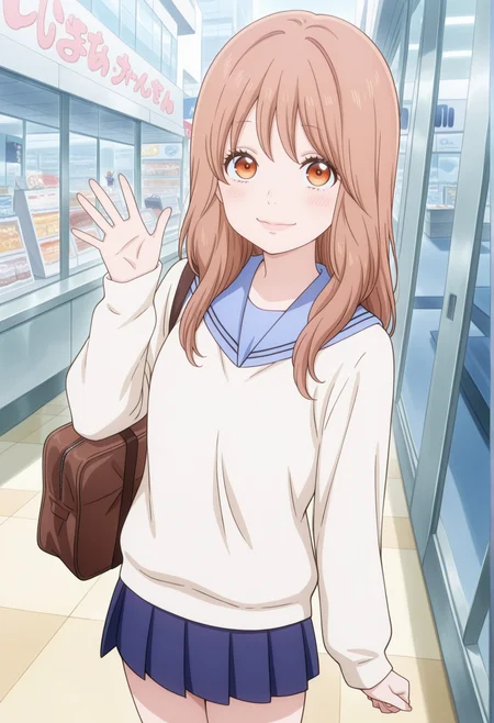 1girl, long hair, brown hair, orange eyes, parted lips, sailor collar, sweater. solo, standing, waving, outdoors, shopping mall, pleated skirt, smile, school bag  <lora:Rinko_ore_monogatari_illus:1>, masterpiece, best quality, amazing quality, very aesthetic, absurdres, highres, newest