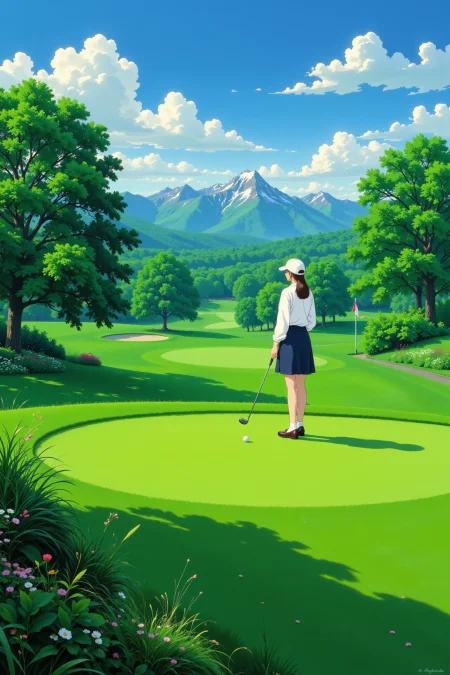 a golfer hitting a ball on a lush green course beautiful  landscape, early morning, woman, very intricate, very detailed, sharp, bright, colorful, <lora:Hand v2:0.5> <lora:Anti-Blur:1><lora:Insane Detail Slider:0.25>  <lora:flux.1_lora_flyway_Epic-detail_v2:0.3> <lora:fluxenhancer:0.25> <lora:Anime_style:0.6> anime style