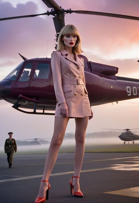 James Bond 007 style, foggy airport runway at dawn, award-winning film still of 4ng3l face egirlmakeup young skinny woman in front of military helicopter, full body, skinny, high heels, long thin legs, freckled pale skin, blunt bangs, very long shiny blonde hair down front, glossy red lipstick, delicate feminine features, blushing pink cheeks, purple pink orange fog clouds, epic, 8k, highly detailed, interesting and captivating