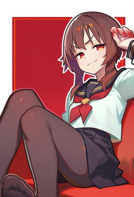 masterpiece,best quality,amazing quality, newest, absurdres, highres, Mevak_PS, Ramme_CL, Ramme, two-tone background, Ramme_CL, Ramme, 1girl, no shoes, red eyes, megumin, feet, school uniform, serafuku, smile, looking at viewer, legs, black pantyhose, brown hair, short hair with long locks, pleated skirt, toes, black skirt, long sleeves, white shirt, couch, bangs, arm up, closed mouth, red background, soles, red nails, sitting, sidelocks, nail polish, white border, alternate costume, red neckerchief, v-shaped eyebrows, black sailor collar, miniskirt