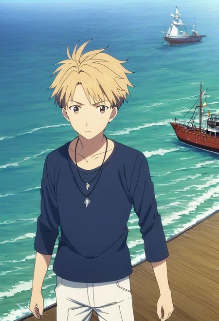 high resolution, solo, best quality, 1Boy, Yamato Ishida, Blond Hair, Necklace, sea, bow cruise ship, stong wind, ocean, OverallDetail