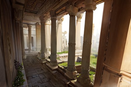 highly insanely detailed, masterpiece, top quality, best quality, highres, 4k, 8k, RAW photo, (very aesthetic, beautiful and aesthetic),  
Ancient Roman Interior Design,RomInt, 
<lora:RomanInterior-10:0.5>, 
(1girl:1.3), 
1other, 
, 
medium hair,twin drill hair,folded ponytail,hair ornament,hair flower,hairclip,hair beads, 
, 
royal_tombs,Neolithic_architecture,massive_dam_structure,trail,ancient_temple_complex, 
,âââ