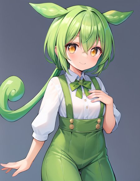 score_9, score_8_up, score_7_up, score_6_up, score_5_up, score_4_up, source_anime, rating:general,
 <lora:zundamon_ponyXL:1> 
1girl, zundamon, green hair, long hair, yellow eyes, hair between eyes, white shirt, suspenders, green pants, small breasts, smile, :d,