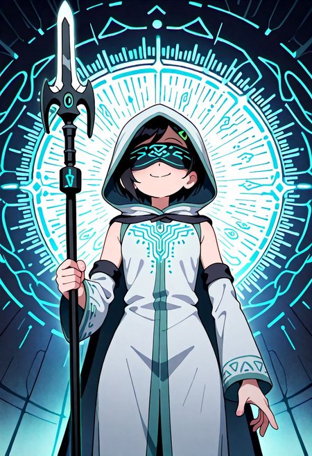 1gril, solo, Marcy, black hair, short hair, hairclip, dynamic angle, cowboy shot, action pose, glowing (circuit tattoo:1.2), robe, detached sleeves, hood up, noble, simulator, blindfold, covered eyes, shaded face, smug,  holding polearm, sanctuary, runes, (electricity:0.5), over technology, geometry, white theme, polarized, chromatic aberration, disintegration effect, (abstract expressionism:0.6), fantasy, science fiction, future, ancient, masterpiece, best quality, amazing quality, very aesthetic, absurdres, newest, <lora:circuit_tattoo:1>