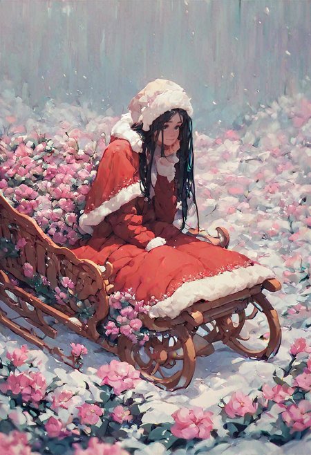 soft pink flowers, <lora:InCase-LyCoris-V4:1> <lora:Incase [MockAi - v1.0]:1> <lora:concept-expression_chart-v1:1> <lora:princess_xl_v2:1> <lora:more_details:1>, <lora:dare_cosplay_selfie:1>, <lora:Expressions_Helper:1>, <lora:Pony_QualityV4.0:1>  <lora:sleigh_Illust_v1:1> sleigh, sitting