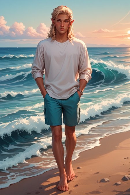 score_9, score_8_up, score_7_up,
<lora:DAZevran:0.8>
DAZevran, 1boy, blonde hair, brown eyes, pointy ears, tanned skin, face tattoo, looking at viewer, walking along the shoreline at dusk, hands in pockets, waves lapping at his feet, pastel sky, calm and reflective mood