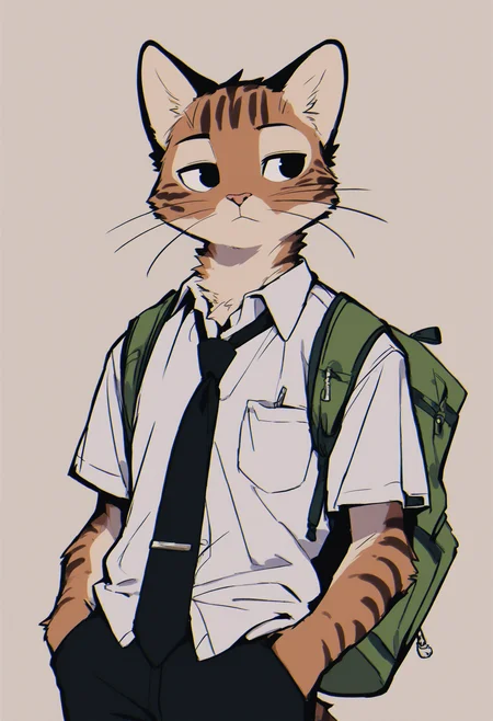 masterpiece,best quality,<lora:p65fn-RASF-000050:1> ,chromatic aberration, line art, 
p65fn, 1boy, furry male, furry, male focus, whiskers, necktie, shirt, brown fur, solo, bag, white shirt, simple background, animal ears, pocket, grey background, pants, green bag, black necktie, body fur, hand in pocket, collared shirt, breast pocket, black pants, cat boy, short sleeves, white fur, closed mouth, school uniform, brown background, looking to the side, black eyes, hands in pockets, tie clip