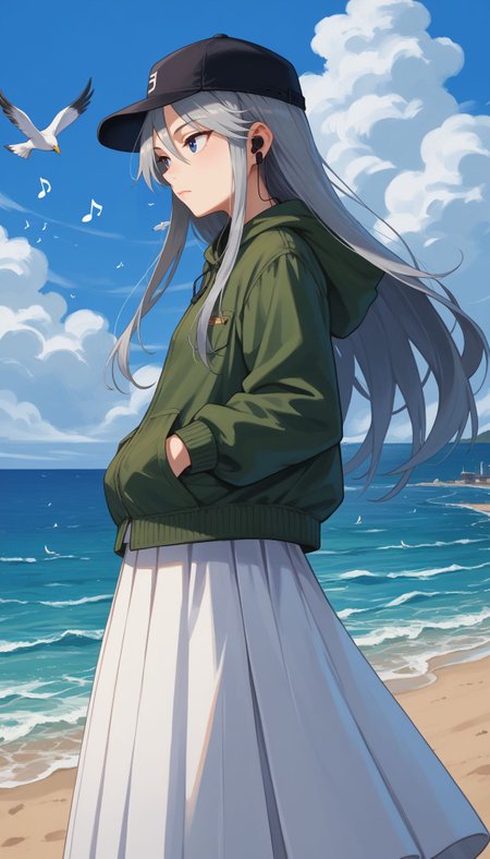 score_9, score_8_up, score_7_up, source_anime,
 <lora:GUPFlint:1> GUPFlint, 1girl, bird, long hair, hat, white skirt, ocean, grey hair, from side, musical note, outdoors, horizon, hands in pockets, day, blue eyes, blue sky, green jacket, standing, earphones, baseball cap, black headwear, long sleeves, eighth note, hood, long skirt, closed mouth, casual, cloud, hand in pocket, leaning forward, pleated skirt, seagull, cowboy shot