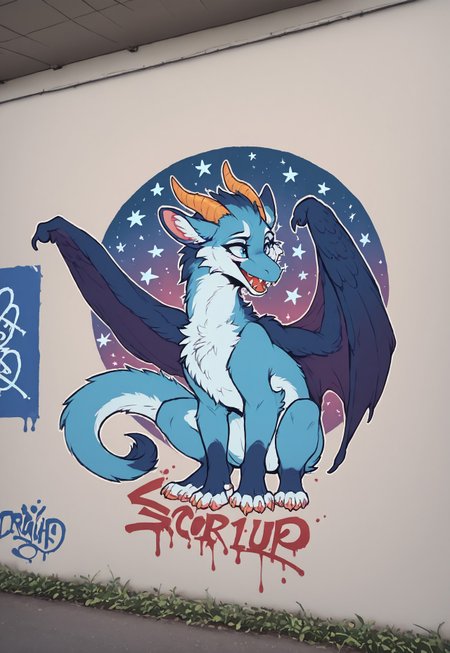 score_9, score_8_up, score_7_up, best quality, furry_graff1ti, inscriptions, paint, street art, furry, anthro, english text, wide wall art, flat painting, flat colors, urban graffiti, painted on wall, wall, outline, solo, ((feral)), portrait,  darra, -furred dragon, female, white and blue fur, wings, horns, tail, chest fluff, paws, fangs, ton back, stars background, 