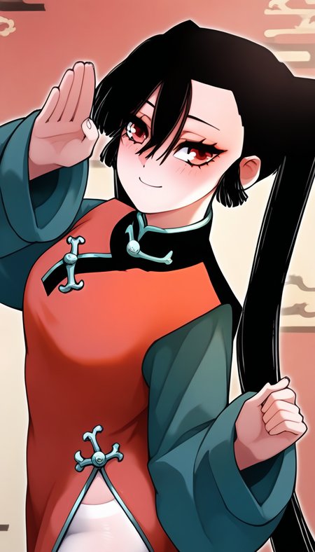 <lora:hudasheng:1>,hudasheng,1girl,long hair,red eyes,solo,long hair,black hair,hair between eyes,ponytail,pigtails,white_pantyhose,china_dress,red china_dress,long sleeves,green long sleeves,
standing,looking at viewer,smile,blush,light_blush,full_shot,from_side,, masterpiece,best quality,amazing quality,