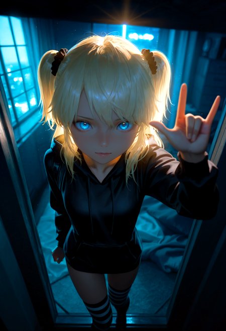 HDR, 8K, high contrast, masterpiece, best quality, amazing quality, very aesthetic, superabsurd res, high resolution, ultra-detailed, absurdres, newest, scenery, (horikoshi kouhei:0.3), (quasarcake:0.3), (wlop:0.3), light rays, chiaroscuro, dynamic angle, face focus, straight on, from above, close up, tm_emily, blue eyes, blonde hair, petite, two side up, scrunchie, black hoodie, black striped thigh high socks, looking at viewer, \m/, leaning back, bedroom, messy, dimly lit, window, night, glowing, cyberpunk, partially illuminated, (backlighting), Intricately designed, Mysterious Shadows, BREAK, photorealistic, beautiful detailed eyes, detailed skin, detailed hair, volumetric lighting, dappled light, light particles, dramatic shadows, cinematic lighting, photo background, depth of field, <lora:ponyxl\cfg_scale_boost:0.8> <lora:IL\KMS_TM_Emily_IL-000003:0.8>