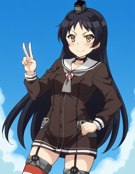 score_9, score_8_up, score_7_up, source_anime, <lora:ayame-kajou-s1-ponyxl-lora-nochekaiser:1>, ayame kajou, long hair, black hair, brown eyes, yellow eyes, medium breasts,, <lora:kancolle-amatsukaze-cosplay-ponyxl-lora-nochekaiser:1>, kancolle amatsukaze cosplay, amatsukaze (kancolle) (cosplay), lifebouy ornament, sailor dress, smokestack hair ornament, grey neckerchief, lifebouy, cosplay, garter straps, brown dress, striped thighhighs, mini hat, red thighhighs, short dress,, ocean, smile, blush, blue sky, v, cowboy shot, looking at viewer,, , dutch angle, cowboy shot