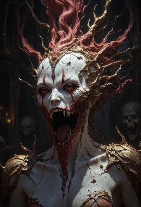 the Mokosh is an ancient drow and mythical female creature. She has long, sharp fangs for teeth and many spikes protruding from its head as it stares at the viewer with old soulless eyes, Her skin is white, engraved stone where every grove tells a story. It is snarling menacingly at the viewer, demanding respect and loyalty, head and shoulder portrait, hyperdetailed, 8k resolution concept art, WLOP, Moebius, H.R. Giger, Royo, muddy, dark colors, minimal lighting, hyperrealism, digital illustration, intricate,( vapor:0.9), dorian cleavenger, brom, hyperrealism, digital illustration, horror, dark environment, (&:0)t  (photography, high-resolution, dynamic, energetic,hyper-realistic, dramatic lighting, shallow depth of field.)