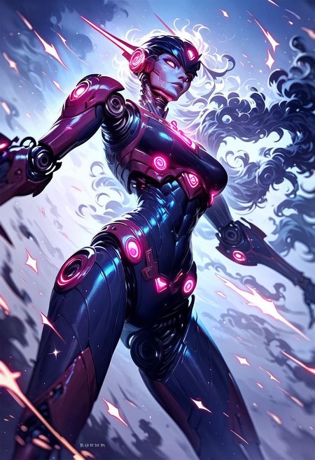 score_9, score_8_up, score_7_up, score_6_up, cybrk, highest quality, 1girl, robot girl, epic pose, pretendious pose, dramatic angle, dust, smoke, sparkles, glowing parts,  power, cyborg,cinematic, epic photoshot,