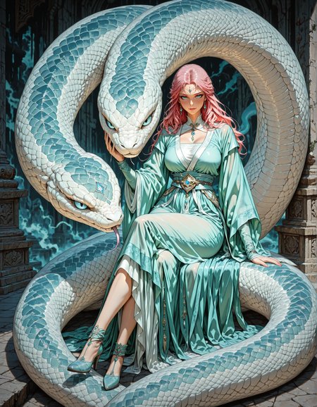 masterpiece, best quality,high quality, newest, highres,8K,HDR,absurdres, 1girl, delicate hanfu, animal, blue eyes, crossed legs, giant snake, girdle, high heels, jewelry, long hair, oversized animal, pink hair, snake, looking_at_viewer, Epic,Great,Motherly,sacred, Petting the snake head
  <lora:iLLMythM4gicalL1nes:1> M4gicalL1nes