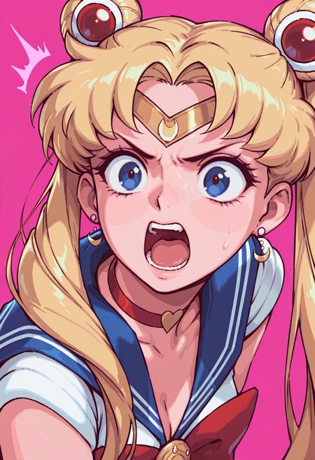 masterpiece, best quality, very aesthetic, absurdres, newest, solo, fisheye view.
sailor moon, blonde hair, blue eyes, open mouth, aggressive, surprised, angry. 
pink background