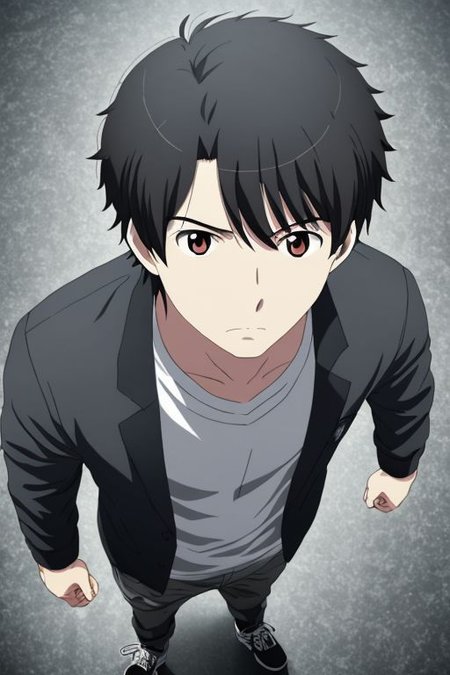 high resolution, solo, best quality, 1Boy, Portrait, Inaho Kaizuka, Black Hair, standing, straight facing upwards, casual, seen from above, arrogant face, dominant, intimidate,