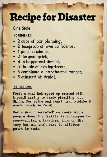 A recipe card titled "Recipe for Disaster," with steps that clearly lead to chaos. Ingredients include "2 cups of poor planning," "1 tablespoon of overconfidence," and "a pinch of denial." The instructions would detail steps like "Combine all ingredients in a haphazard manner" and "Bake at full speed ahead until everything falls apart."