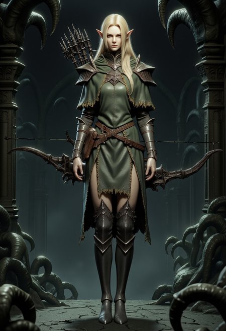 an elf archer standing in a dense, misty forest. She has long, platinum blonde hair, pointy ears, and a serious expression. She wears intricate, dark green and black armor with ornate designs, including shoulder plates and gauntlets. Her bow is elaborate, with a dark, metallic finish and decorative elements. The character has an unusual anatomy with disproportionately large hands with claw-like fingers and digitigrade legs ending in hooved horse feet. the legs shape is like a goat
Standing on a flat ground the camera angle is high rotated
Set against a solid dark black color background to emphasize its unnatural form that emphasizes its silhouette. The medium is not a traditional painting or illustrative medium like watercolor or ink but rather a digital 3D rendering.
MikeFranchinastyle, bbstyle,, horror theme,, ZBClay model of a gray sculpture, zbrush, d4arks0uls, overcast lighting, jedioutfit