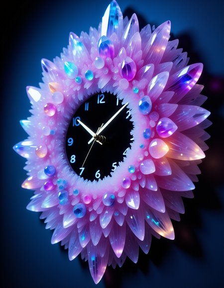 a bioluminescent wall clock made out of colourful auraquartz crystals, hanging on a wall ,    ,  <lora:Flux_Auraquartz:1>,<lora:BioIceCrystalsFlux:0.7>