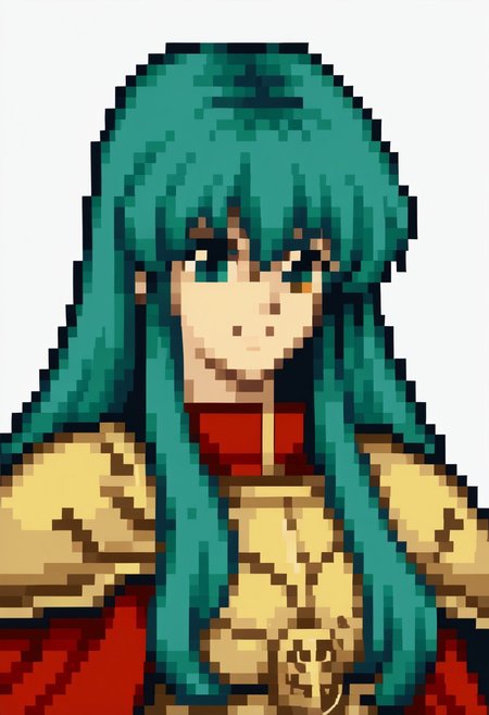 score_9, score_8_up, score_7_up, source_anime, 1girl, solo, smile,
<lora:zs_FE4PortraitsXL:1> fe4portraits, portrait, pixel art, white background
<lora:originaleirika-pdxl-nvwls-v1-000005:1> ogEir, cyan hair, long hair, hair between eyes, red tunic, short sleeves, gold armor, yellow cape